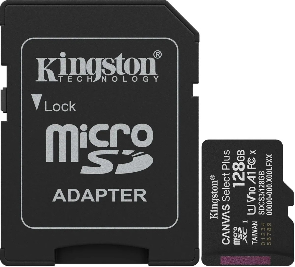 Карта памяти MicroSD 128 Гб Kingston Class 10 Canvas Select Plus A1 U1 V10  (150 Mb/s) + SD адаптер